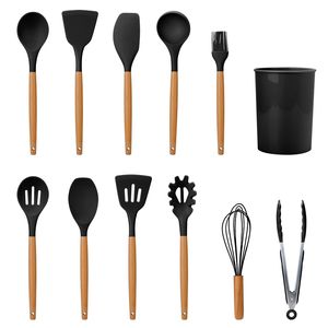 Ensemble de 11 ustensiles de cuisine en silicone avec manche en bois, spatule, louchette, cuillère à spaghetti, pince, fouet à œufs, résistant à la chaleur - Product Image 2