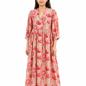 Belle robe d'été en coton à fleurs imprimées à la main pour femmes, vêtements décontractés, manches 3/4, séchage rapide - Product Image 1