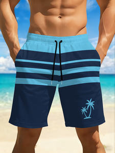 Shorts de Playa a Rayas para Hombre, Ecológicos, Transpirables, de Spandex/Poliéster, de Secado Rápido, con Cordón Ajustable, Estampado de Palmeras - Product Image 1