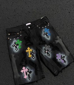 High-Quality Vintage Washed Denim Jort Jean Shorts Manufacturer Custom Baggy Blank Jeans Jorts Short With Embroidered Men - Product Image 2