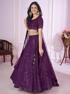 Lehenga Choli con Lentejuelas Moradas Bordadas, Dupatta de Georgette, Cintura Natural, Secado Rápido, Traje Tradicional para Bodas y Fiestas para Mujer - Product Image 4