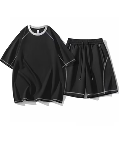 Men Solid Black Crew Neck T-Shirt Set Knitted Breathable Polyester/Cotton Quick Dry Short Sleeve Casual Summer Shorts Outfit - Product Image 3