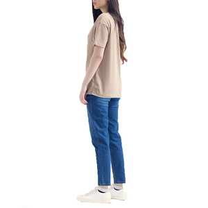 Camiseta de Manga Corta con Cuello Redondo para Mujer, Color Beige, Estampado Digital, Informal, 100% Algodón Jersey, Transpirable, Corte Regular, Primavera Verano - Product Image 5