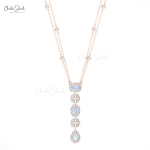 Collier en or massif 14 carats avec pierre de lune taille poire 5x3mm et halo de diamants, bijoux fins personnalisés pour femmes, Chordia Jewels - Product Image 2