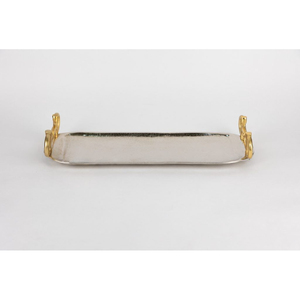 Oval Shape Metal Steel <b>Serving</b> <b>Tray</b> With <b>Gold</b> Accent Handle Silver Finish For Home & Restaurant Tableware Food Server <b>Tray</b> - Product Image 2