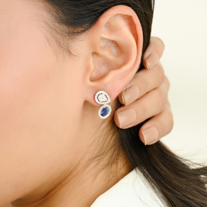 18K Gold Drop Hoop <b>Earrings</b> with Blue Sapphire and Diamond Accents - Product Image 1