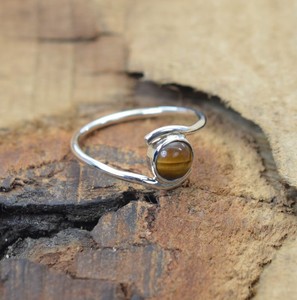 Anillo fino de Plata de Ley 925 minimalista delicado de alta calidad, ajuste de bisel de cabujón de ojo de tigre de 6mm, estilo clásico, Marrón genuino - Product Image 6