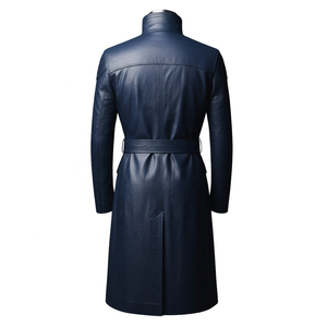 Manteau long en cuir véritable bleu pour homme avec col montant, fermeture éclair et ceinture - Product Image 5