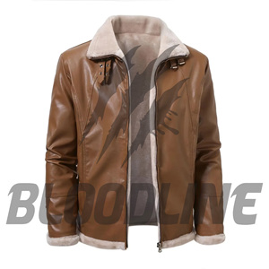 Chaqueta de Cuero Genuino Negra para Hombre, Corte Ajustado, Estilo Motero, Cierre de Cremallera, Cuello Alto, Forro de Piel Sintética, Ropa de Invierno - Product Image 6