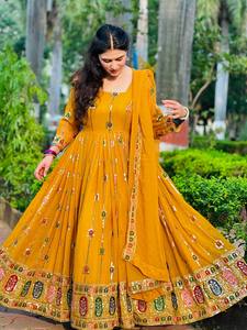 Robe longue Anarkali de Style indien traditionnel avec créateur de broderie Georgette Dupatta manches longues pour femmes taille naturelle - Product Image 4