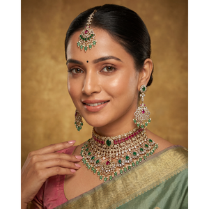 Indian Ethnic Hina Victorian Premium Necklace Set-24K Gold Plated CZ Bridal Jewelry - Product Image 1