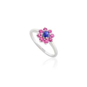 Bague halo florale en or massif 14 carats avec rubis et saphir bleu - Product Image 3