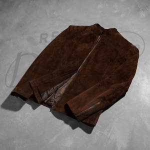 Chaqueta de cuero de gamuza marrón premium para hombre, corte ajustado, cuello alto, chaqueta clásica con cremallera, chaqueta ligera para otoño - Product Image 6