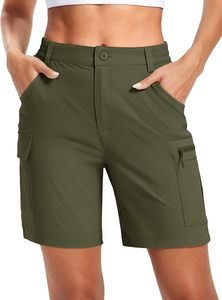 Short cargo gris pour femme, taille haute, fermeture boutonnée, séchage rapide, coupe sportive avec poches, style classique, couleur unie, tissu tricoté - Product Image 2