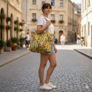 Sac fourre-tout élégant en velours de coton matelassé jaune, imprimé floral cactus, double poignée, léger, pliable, pour le voyage et le shopping - Product Image 2