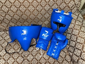 Set de Equipo de Boxeo de Alta Calidad Fly, Protector de Cabeza de Cuero Azul, Protector Inguinal, Guantes Transpirables con Cordones, para Adultos, MMA, Artes Marciales - Product Image 1