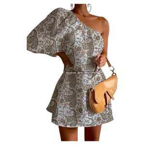 Robe de soirée élégante et sexy pour femme, coupe ajustée, longueur genou, à une épaule, manches bouffantes, imprimé coloré, collection été 2026, vente en gros, haute qualité - Product Image 5