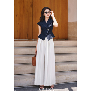 Chaleco de Traje NERINA para Oficina, Elegante, Azul Marino, con Solapa con Muescas, Manga Casquillo, Lazos Traseros y Peplum, para Mujer de Oficina, ODM OEM - Product Image 2