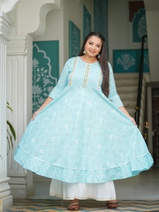 Women's <b>Plus</b> <b>Size</b> Cotton Anarkali Kurta Blue Floral Printed Embroidered Round Neck Three Quarter Sleeves Comfortable Wear - Product Image 4