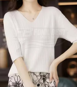 Suéter de Moda Casual de Alta Costura para Mujer, de Algodón, Manga Corta, Cuello Redondo, Delgado, para Primavera/Verano, Corte Regular, Tejido de Punto - Product Image 4