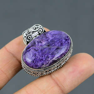 Colgante de Plata de Ley 925, colgante de plata hecho a mano, colgante de charoita ovalada, colgante de piedra azul, regalo para ella - Product Image 1