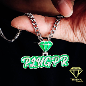 Collar con colgante de diseñador para hombre, con diamante moissanita, plata de ley 925, esmalte verde, joyería con diseño de letras, para compradores internacionales - Product Image 6