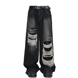 Pantalones Vaqueros Anchos Negros Rotos para Hombre, de Cintura Alta, Estilo Urbano, de Algodón, Peso Medio, Moda Otoñal - Product Image 1