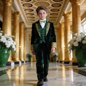 Kids Green Velvet Tuxedo <b>Suit</b> with Gold Embroidery – Boys Wedding & Party Wear Formal <b>Suit</b> Wholesale - Product Image 1
