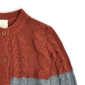 Cardigan en tricot torsadé pour femme, orange et gris, à blocs de couleur, manches longues, col rond, fermeture boutonnée, style décontracté, 100 % acrylique, pour l'automne - Product Image 2