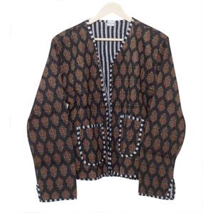 Handmade <b>Quilted</b> Short Cotton Block Print Floral Print Long Sleeve Button Stripe Women's Autumn Winter <b>Jackets</b> - Product Image 6