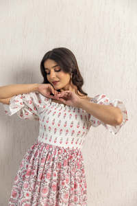<b>WHITE</b> SMOCKED COTTON <b>MAXI</b> DRESS WOMEN BREATHABLE COMFORTABLE AND CLASSY WITH A BEAUTIFUL FLORAL PRINT <b>MAXI</b> DRESS - Product Image 3