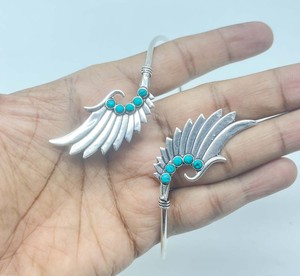 Natural Turquoise Angel Wing Upper Arm Cuff <b>Bracelet</b> Silver Plated Handmade Adjustable Armlet <b>Boho</b> Statement Jewelry for Women - Product Image 4