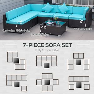 Set da conversazione da esterno in vimini turchese a 7 pezzi con cuscini e tavolo in vetro - Product Image 6