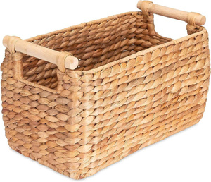 Handmade Modern Bohemian <b>Small</b> Rectangular Storage <b>Basket</b> Woven Wood Trunk Water Hyacinth <b>Handles</b> Multifunctional Home Organiser - Product Image 2