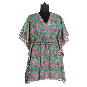 100% Cotton Women's Kaftan Dress Hand Block Printed Short Caftan Dress for Casual Occasions Light Weight Natural Waistline ODM - Product Image 2