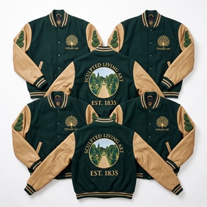 Chaqueta Letterman al por mayor, abrigo universitario de lana verde con bordado de pavo real y mangas de cuero tostado, estilo bomber. - Product Image 1