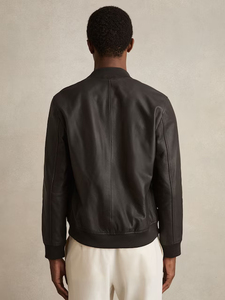 Factory Price Men Genuine Leather Waterproof Winter Bomber <b>Jacket</b> Black <b>Slim</b> <b>Fit</b> Zip-Up Spread Collar Ribbed Cuff OEM Custom Log - Product Image 3
