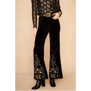 Pantalon évasé ample en velours brodé pour femme, longueur entière - Product Image 1