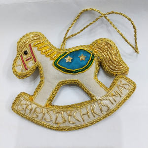 Handmade Embroidered <b>Beaded</b> Rocking Horse Ornament Christmas Tree Hanging Decoration Zari <b>Thread</b> Christian Crystal Alloy - Product Image 1