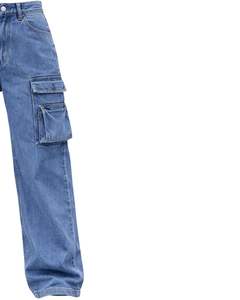 Jean cargo en denim bleu taille haute à jambe large avec plusieurs poches, style urbain décontracté, pantalon ample pour femme, personnalisable OEM - Product Image 2