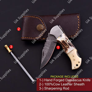 Cuchillo Plegable Multifuncional de Acero de Damasco Hecho a Mano con Bloqueo Trasero, Mango de Hueso de Camello y Asta de Ciervo, Hoja de Grado Industrial con Punta Caída, OEM - Product Image 5