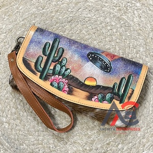 New Women's Long Cowhide Leather Clutch <b>Wallet</b> Hand Painted Desert UFO Wristlet Purse for Women Handmade Boutique Fashion Purse - Product Image 1