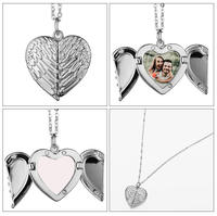 Collier pendentif médaillon cœur ailes d'ange en métal personnalisé, vente en gros d'usine, avec impression par transfert thermique, couleur or moulé