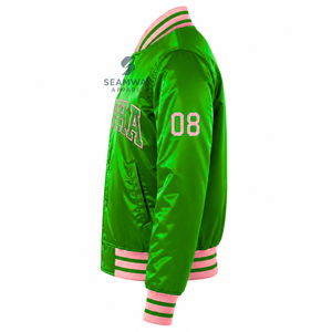 อัลฟ่า |   คาปา |   เสื้อแจ็คเก็ตวาร์ซิตี้สีเขียวผ้าซาตินสำหรับผู้หญิง แบรนด์อัลฟ่า ติดกระดุมแป๊ก ปักลายตัวอักษรกรีก คอปกและปลายแขนเสื้อถักลายทาง - Product Image 3