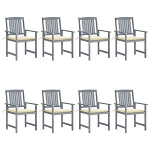 8 sillas de patio de madera maciza de Acacia con cojines grises. - Product Image 1