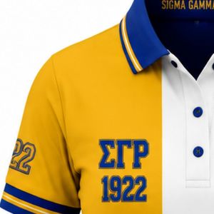 Polo personnalisé pour femmes Sigma Gamma Rho, design trois panneaux bicolore, bleu roi et or, manches courtes, vêtements à lettres grecques, vente en gros - Product Image 5