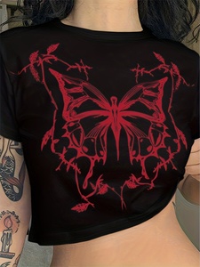 Gothic <b>Red</b> Butterfly Print Women's <b>Crop</b> <b>Top</b> Short Sleeve Slim Fit Crew Neck Black T-Shirt Spring Summer Jersey Cotton - Product Image 2