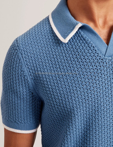 Polo en tricot à col rond pour homme, en coton, manches courtes, pull texturé avec bordure contrastée - Product Image 4