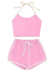 Ensemble de pyjama deux pièces décontracté européen et américain pour femme, dos nu, sexy, respirant, en Spandex/Coton, pour l'été et l'automne - Product Image 4