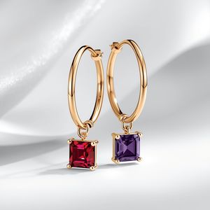 Pendientes de Aro de Oro Sólido de 14K con Piedras Preciosas en Dos Tonos, Corte Cuadrado, Rojo y Morado, Joyería Fina para Mujer - Product Image 1